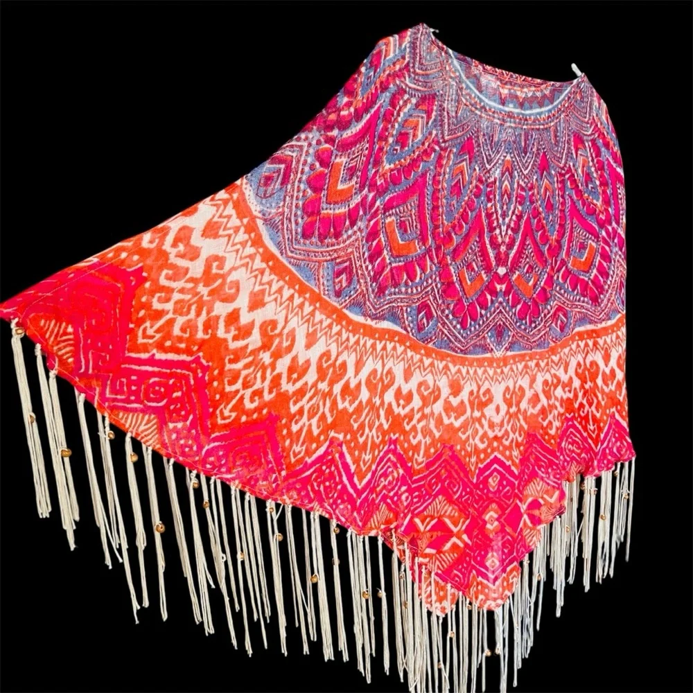 Chico's Phoebe Linen Poncho Multicolor O/S Fringe Lightweight Boho Hipster - Picture 4 of 13